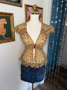 Vintage Y2K Silk Women’s Yellow Floral Babydoll Tie-Front Top
